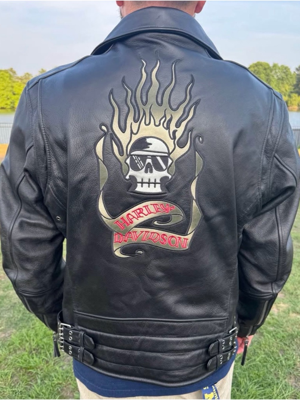 Harley-Davidson Black Leather Jacket with Flaming Skull Back Patch